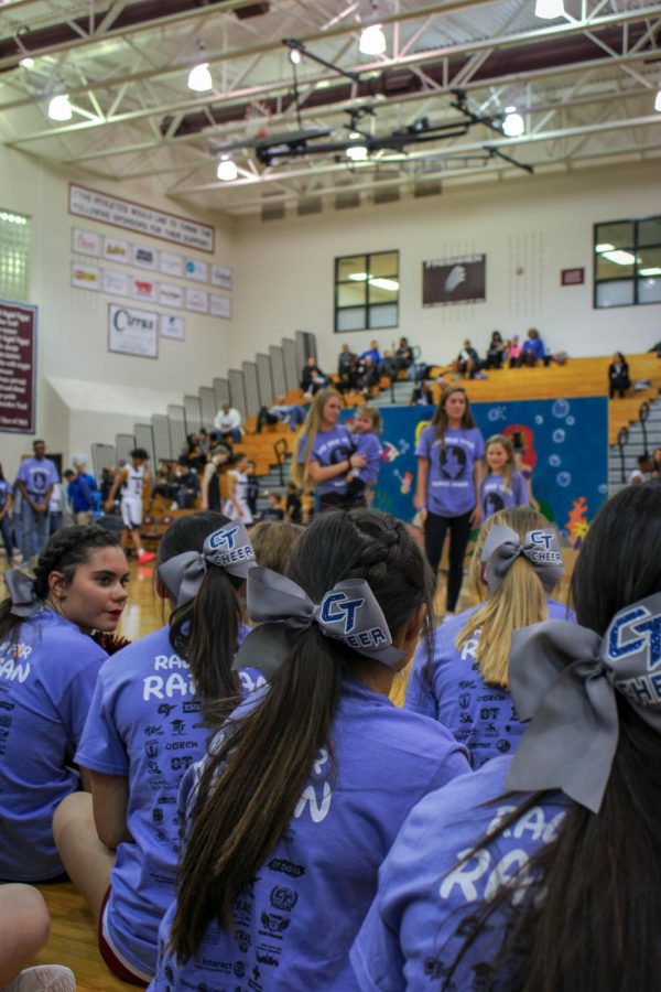 People+who+participated+in+the+reveal%2C+including+the+cheer+team%2C+gathered+during+halftime+in+purple+shirts+for+the+reveal+of+Cherokee+Trail%E2%80%99s+2019+wish+kid.+Students+and+staff+who+had+a+Wish+Week+shirt+on%2C+pre-ordered+them+and+had+to+strategically+hide+their+shirt+until+halftime+when+Raegan+and+her+family+could+see+all+of+Cherokee+Trail+united.