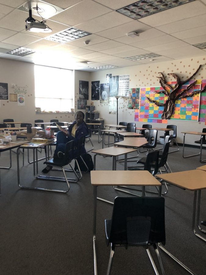 One out of 25, Nelisse Niyongabo (12) was the one student in English on senior ditch day. The class was almost completely empty on Friday Feb. 15. 