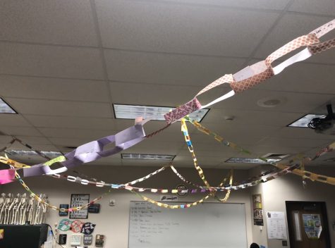 RAINING CHAINS. A decorative link hangs from the ceiling in Mrs. Krause’s classroom to remind students of what they are thankful for. “The chain has all of our notes connected so it makes for a togetherness-feeling in the class.” said Sierra Foutz (10).
