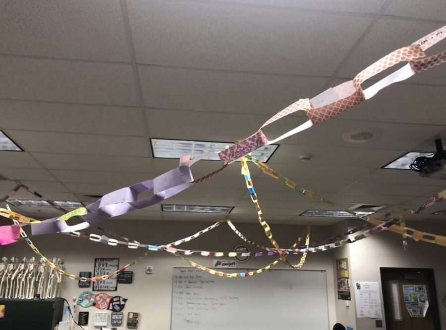 RAINING+CHAINS.+A+decorative+link+hangs+from+the+ceiling+in+Mrs.+Krause%E2%80%99s+classroom+to+remind+students+of+what+they+are+thankful+for.+%E2%80%9CThe+chain+has+all+of+our+notes+connected+so+it+makes+for+a+togetherness-feeling+in+the+class.%E2%80%9D+said+Sierra+Foutz+%2810%29.%0A