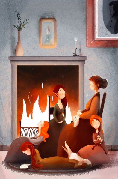 This graphic depicts Marmee, Meg, Jo, Amy, and Beth March in their home, demonstrating the novel Little Women by Louisa May Alcott in its entirety, set during the Civil War.  The film, featuring Saoirse Ronan, Timothee Chalamet, Laura Dern, and Florence Pugh, amongst others like Emma Watson and Meryl Streep, debuted on Christmas Day, 2019, grossing $12 million in its first two days. The film was a heartening success to viewers like CTHSToday.org’s reviewer, Elyse Sommer. Photo courtesy of Giulia Lombardo (CC BY-NC-ND 4.0) 