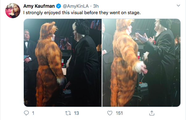 Behind the scenes at the 92nd Academy Awards, actors James Corden and Rebel Wilson shift in their  cat costumes from the fated movie that came out in 2019 to scathing reviews. Ironically, the pair announced Best Special Effects, a section they claimed to know the vitality of, which drew laughs from a knowing audience. The 92nd Oscars broke barriers in terms of foreign film and representation for all cultures, a star-studded night in its own right. Photo and Tweet courtesy of Amy Kaufman, journalist for the L.A. Times.