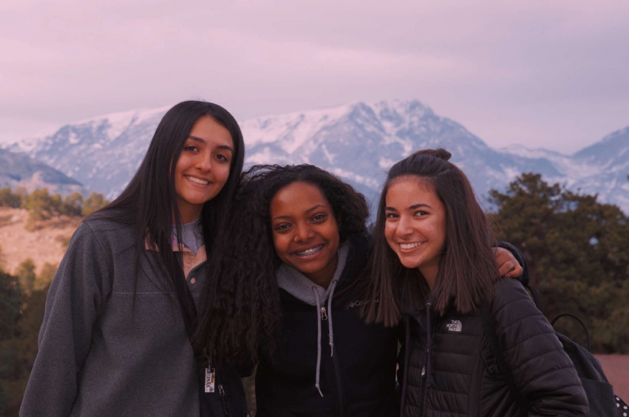 From left to right: Tilly Colwell (12), Tigist Brunson (12), and Neeka Mirfakhrai (12). Pictured in front of the Rocky Mountains, the friends have just enjoyed a hike. We are able to talk while we enjoy the outdoors, Mirfakhrai said. 