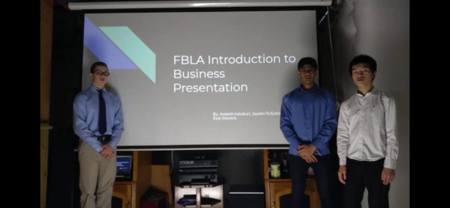 Kyle Stevens (9), Aneesh Indukuri (9), Jayden Sutjiato (9) filmed their districts FBLA Presentation on Jan. 20. The three placed 3rd in their event.   Their accomplishment of qualifying is an example of perseverance in the struggling times We aced every single section, Aneesh Indukuri (9) said. Even new members who originally had no interest can get excited over competing for this team.