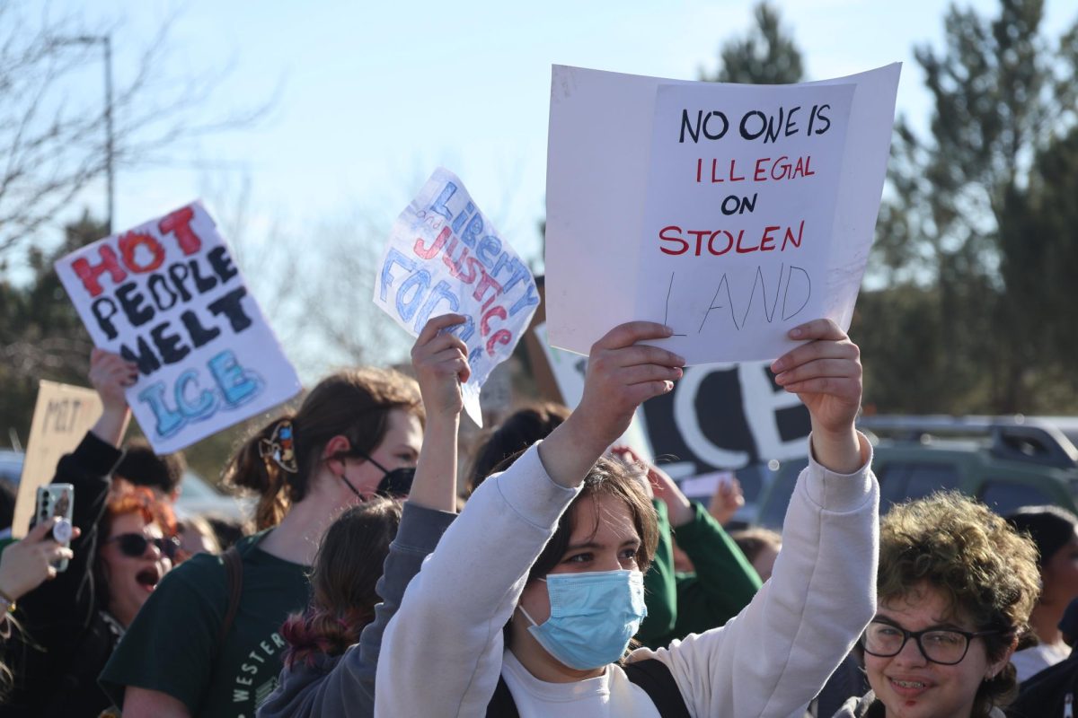 Various slogans depicted: “No one is illegal on stolen land,” “Hot people melt ICE,” and “Liberty, Justice, for all.”